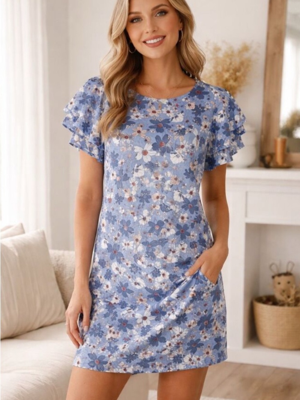 LOFT Light Blue Floral Print Dress Size Large